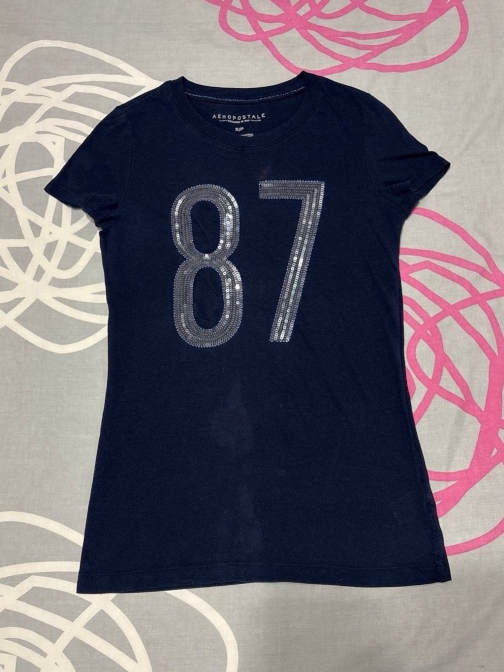Aeropostale Navy Blue Sequin 87 Graphic Tee